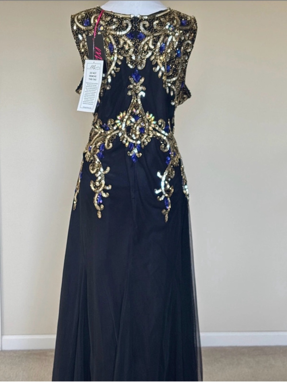 Midnight Velvet Black Evening Gown with Gold and Blue Embellishment - Picture 2 of 7